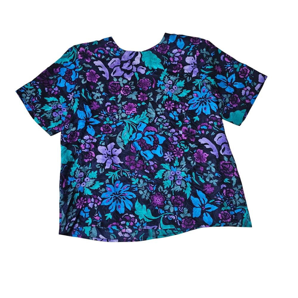 Nordstrom Point of View Size 16 100% Silk Shirt Floral Blue Purple Short Sleeve